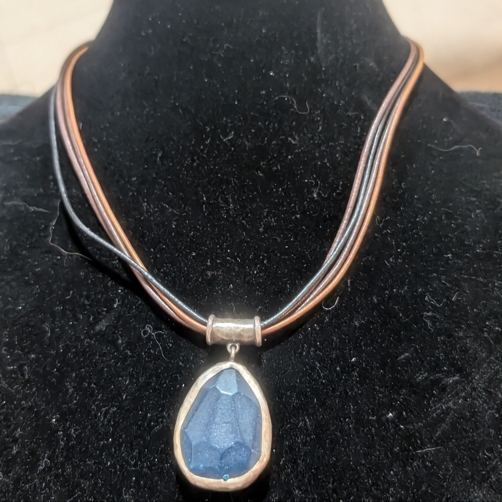Blue Faceted Teardrop Pendant Necklace Brown Multi-Strand Cord Boho Statement